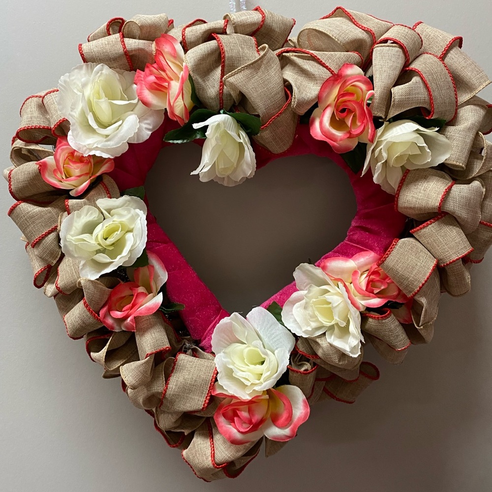Heart Floral Wreath peach and white on burlap (handmade)